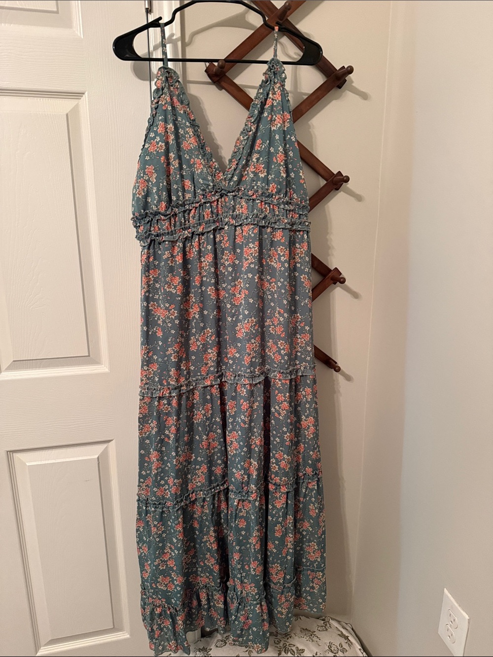 Floral Tiered Maxi Dress in Teal with Pink Flowers